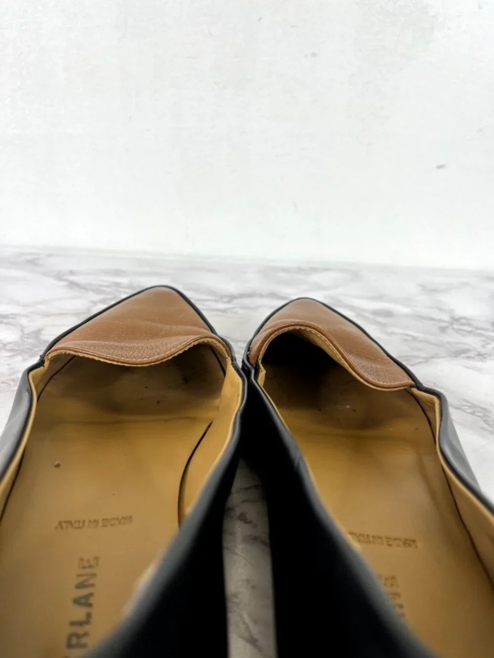 Everlane Womens The Modern Point Flat Black & Cognac Leather Sz 7